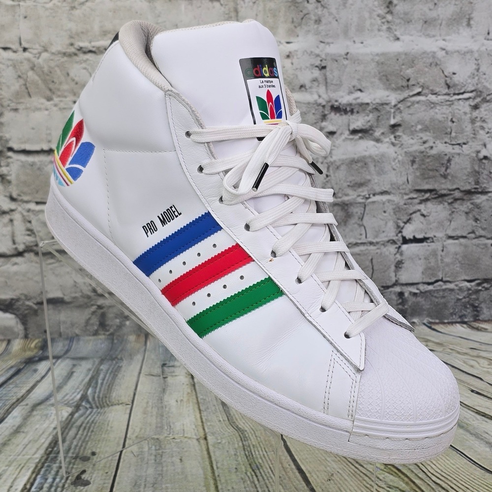 Adidas Pro Model High Top Sneakers Mens 13 White Multi Color Stripe Trefoil Logo